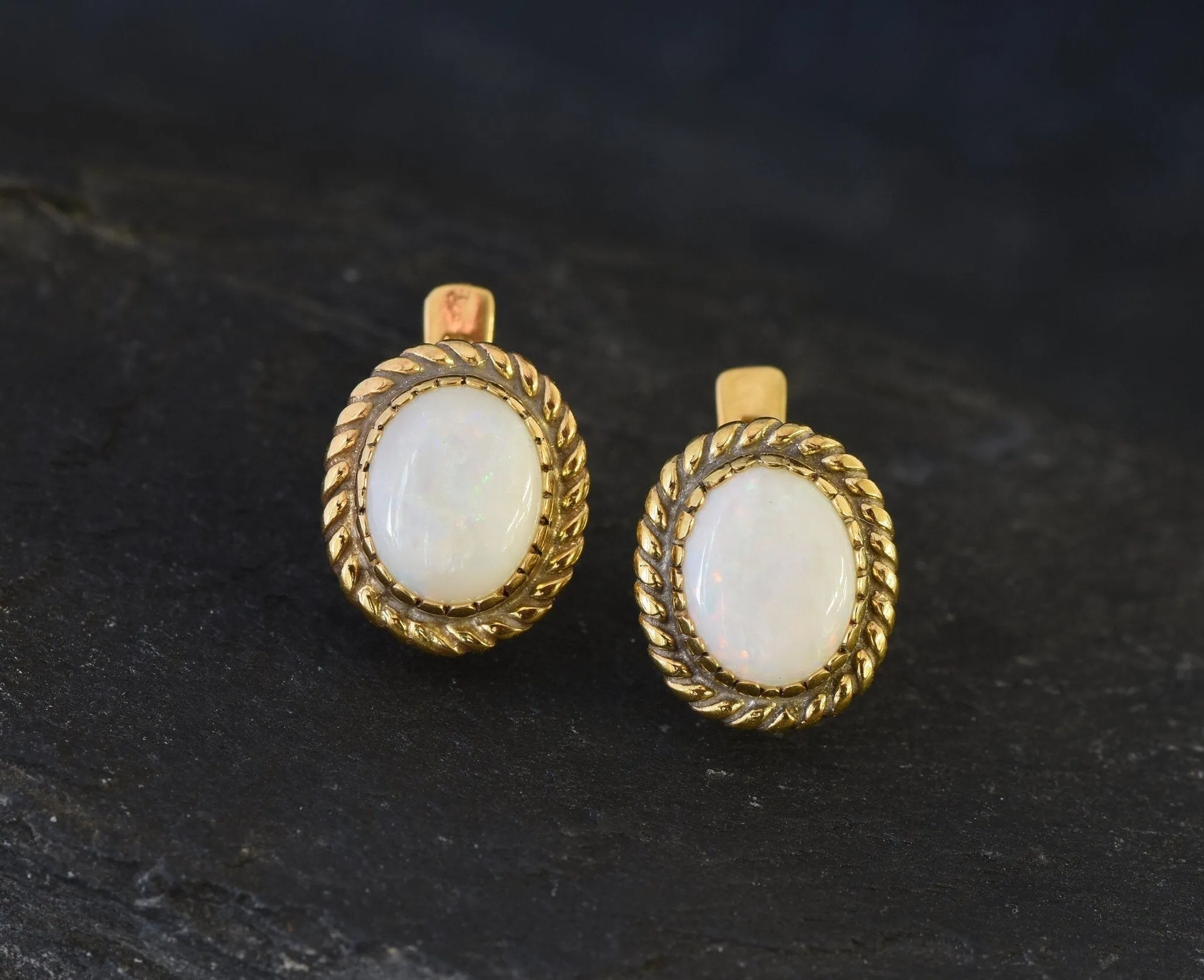White Opal Earrings - Gold Bridal Earrings, Natural Australian Opal