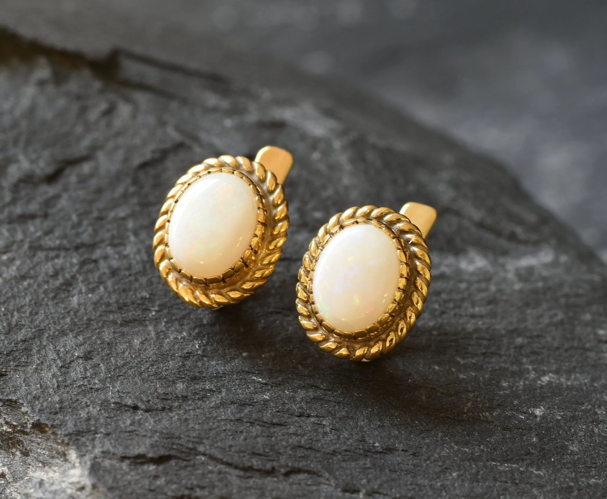 White Opal Earrings - Gold Bridal Earrings, Natural Australian Opal
