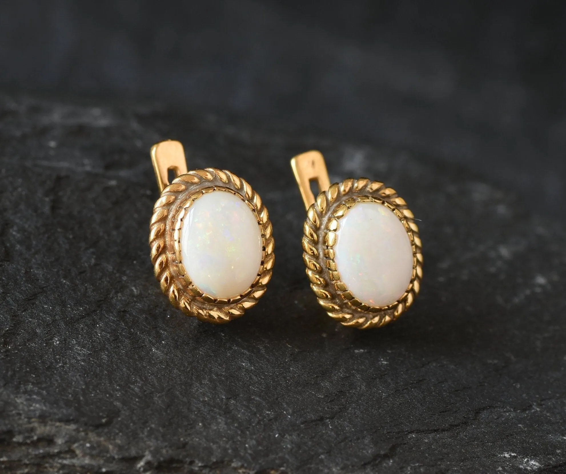 White Opal Earrings - Gold Bridal Earrings, Natural Australian Opal