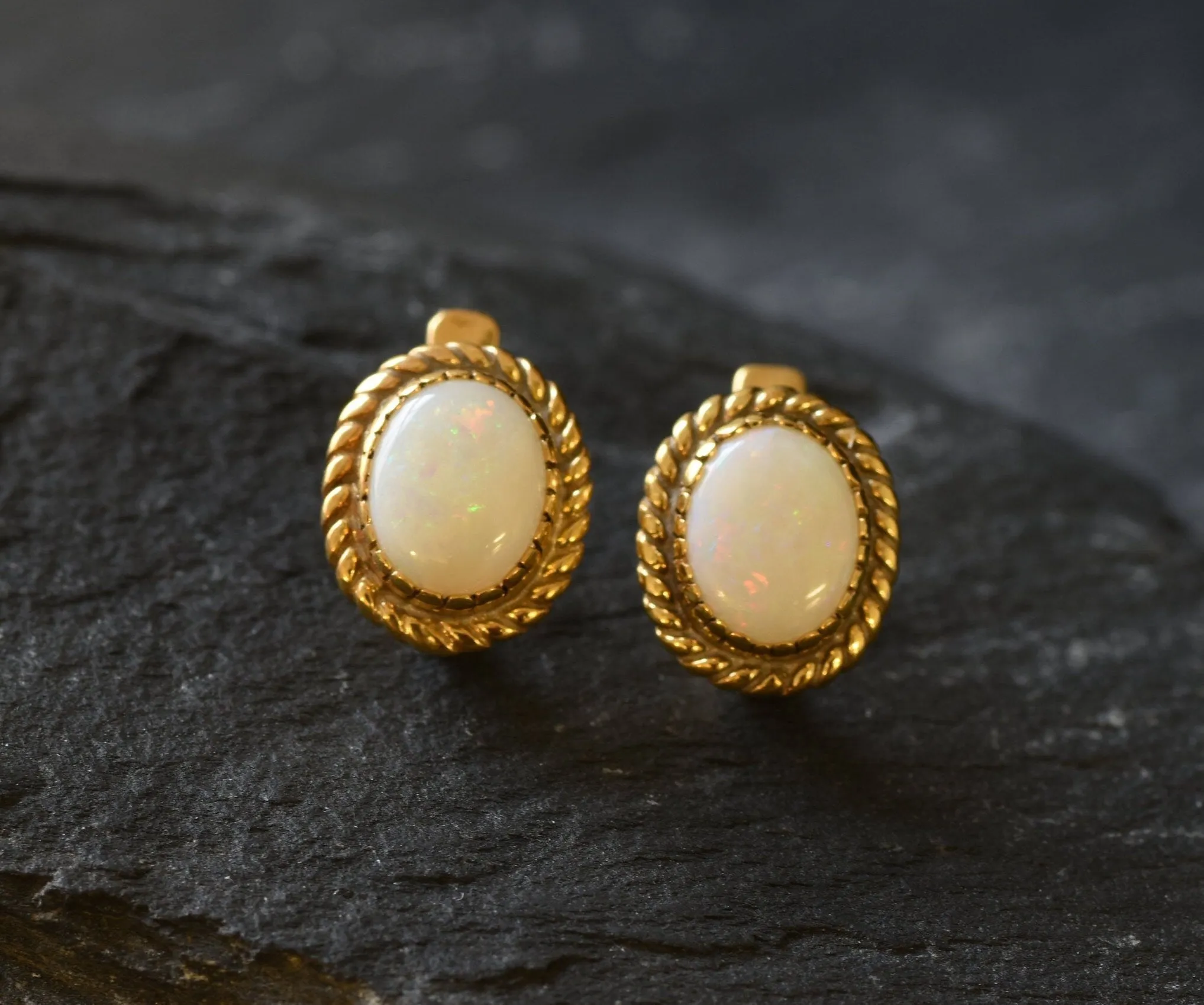 White Opal Earrings - Gold Bridal Earrings, Natural Australian Opal